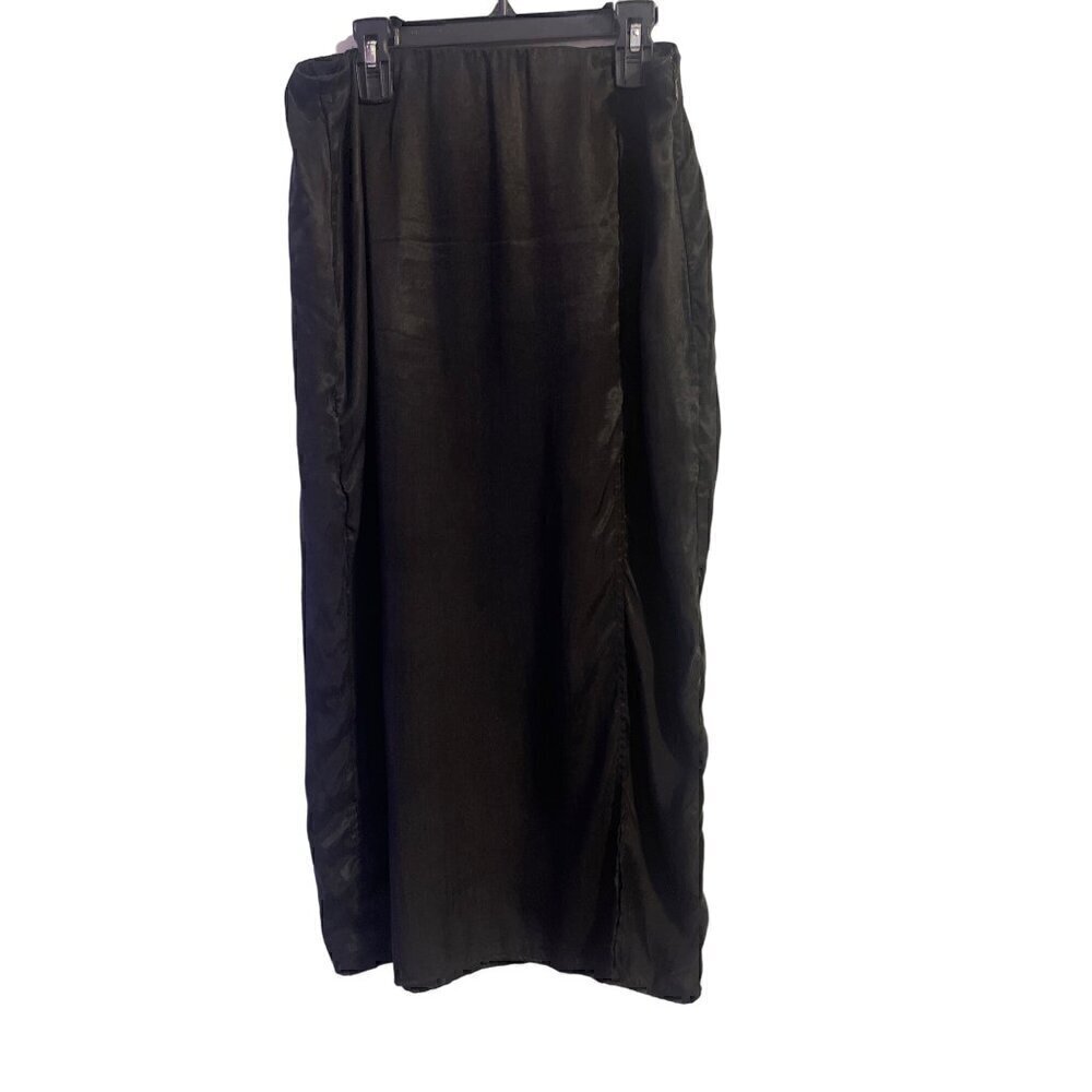 Black Satin Midi Skirt High Waist Side Zipper Slit at front Unlined Size Medium